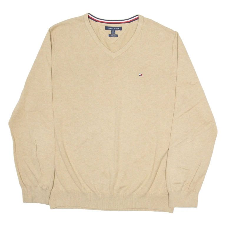TOMMY HILFIGER Mens Jumper Brown V-Neck Tight Knit XL