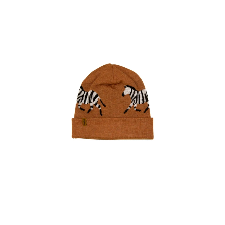 Kids Merino Wool Hat Brown with Zebra Print - 6-12 years
