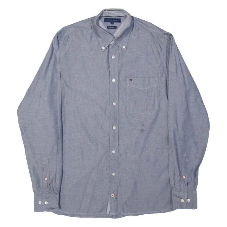 TOMMY HILFIGER Custom Fit Mens Plain Shirt Blue Long Sleeve S