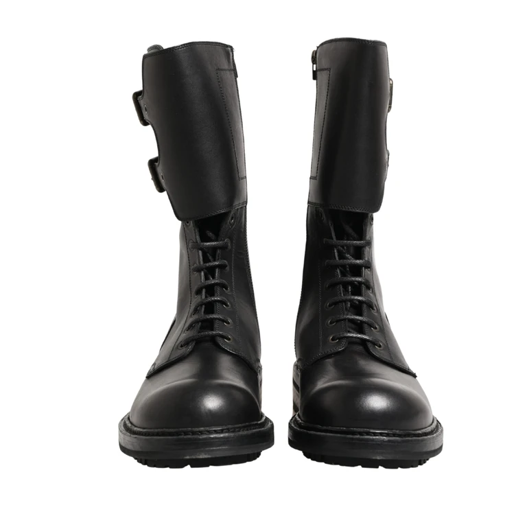 Dolce & Gabbana Black Leather Belted Buckle Combat Boots Shoes - Men