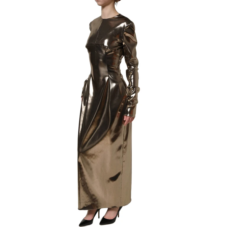 Dolce & Gabbana Metallic Gold Polyester Longsleeve Maxi Dress Silk Cotton Lurex - Women