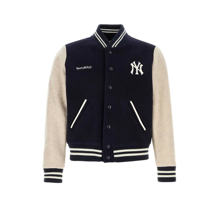 Sporty & Rich Dark Blue Wool Blend Bomber Jacket Darknavyecru Giubbini - Men