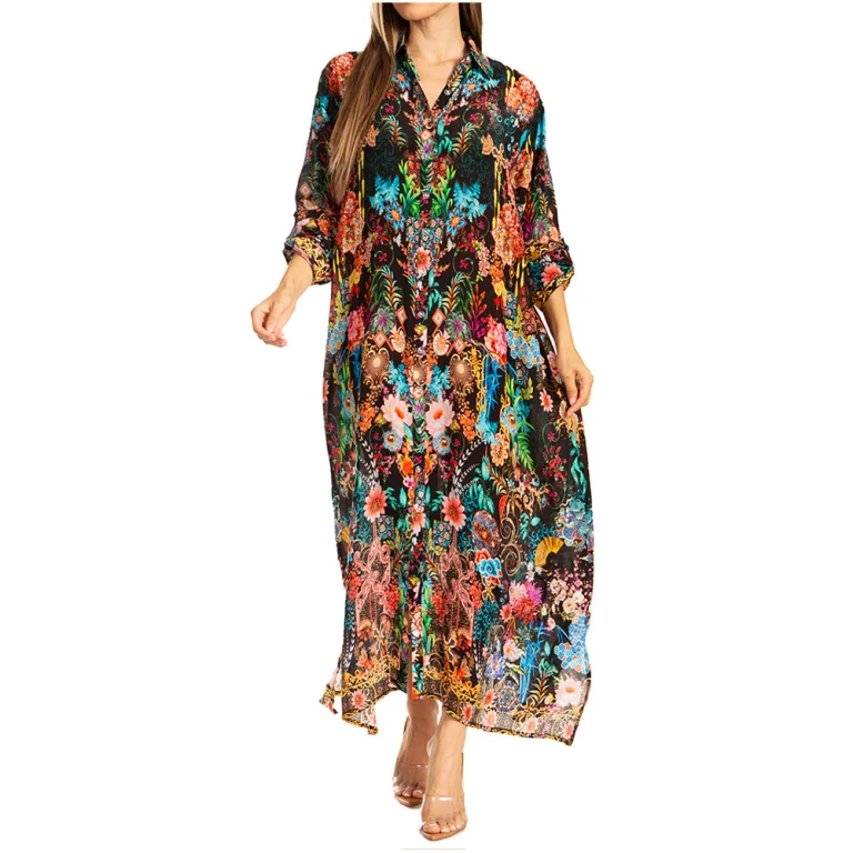 Sakkas Womens Long Sleeves Button Down Spring/Summer Maxi Shirt dress/Beachwear