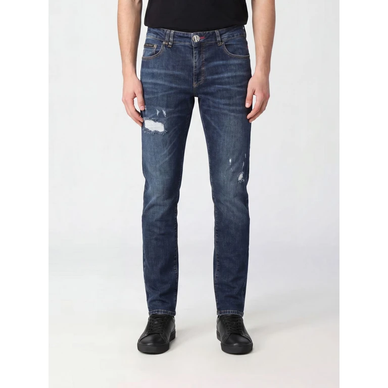 Distressed Slim Fit Skinny Jeans in Cotton Denim with Metal Logo (UAECMDT4245PDE004N14DB)