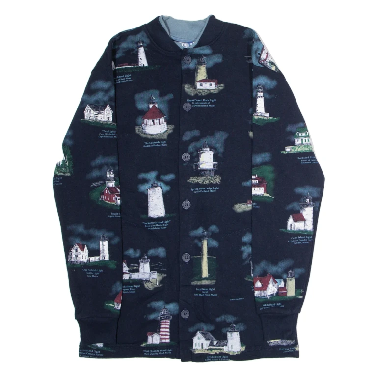 ART UNLIMITED Lighthouses Of New England Mens Bomber Jacket Blue 90s USA Crazy Pattern S