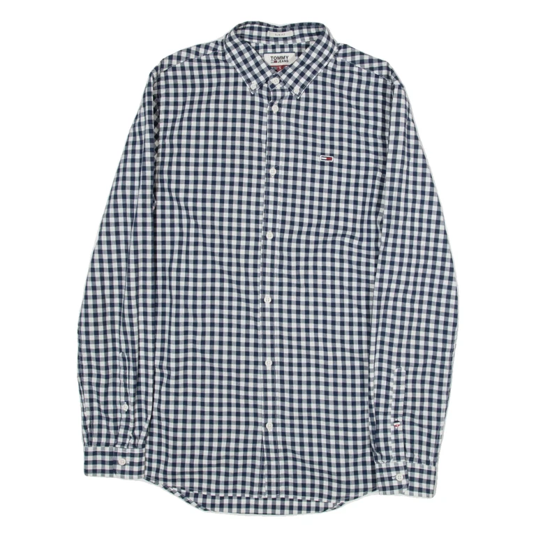 TOMMY JEANS Slim Fit Mens Shirt Grey Gingham Long Sleeve S