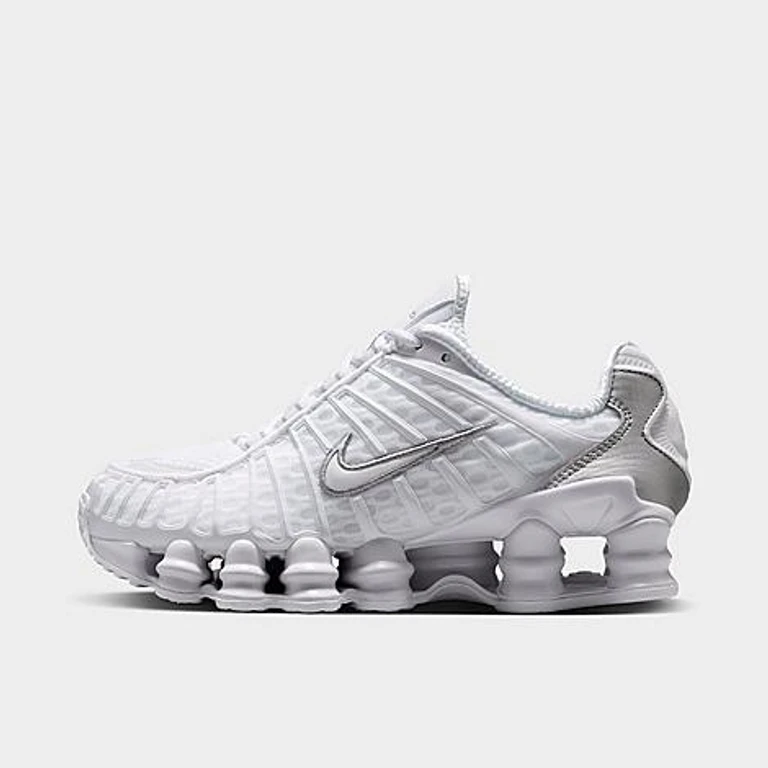 Nike Big Kids Shox TL Casual Shoes in White/Metallic Silver/Max Orange Size: 3.5