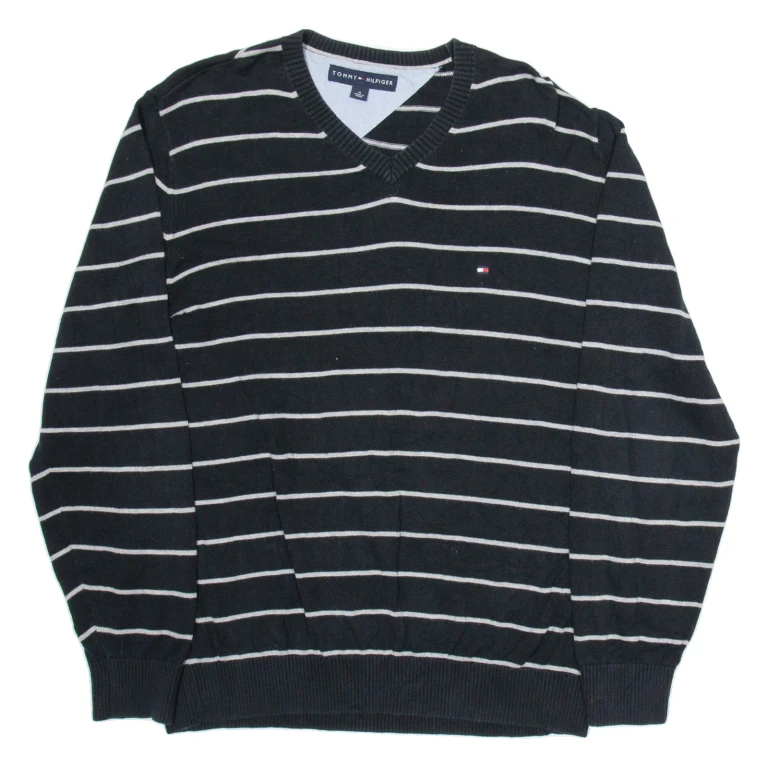 TOMMY HILFIGER Mens Patterned Jumper Black Striped V-Neck Tight Knit M