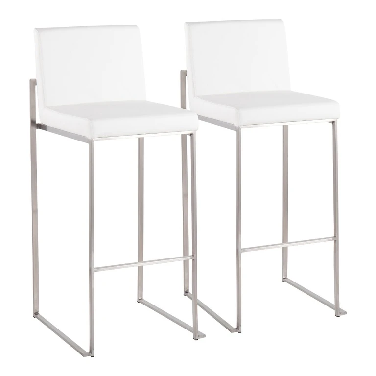 Fuji High Back Stainless & White Faux Leather Barstools, Set of 2