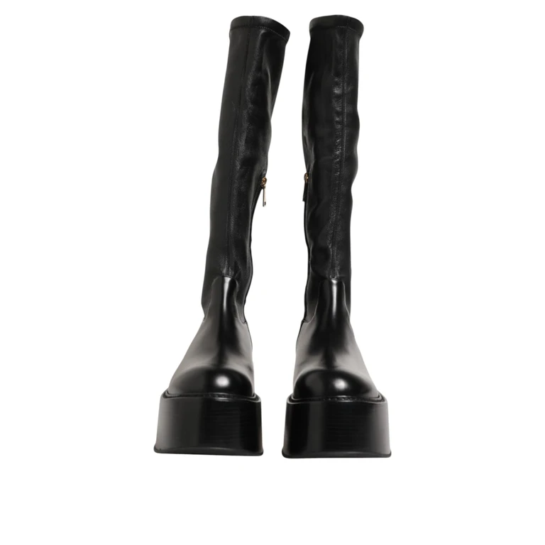 Dolce & Gabbana Black Logo Plaque Over The Calf Boots Shoes Lamb+46lf - Men