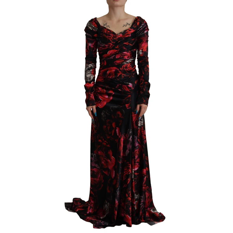 Dolce & Gabbana Black Floral Roses A-Line Sheath Gown Dress Silk - Women