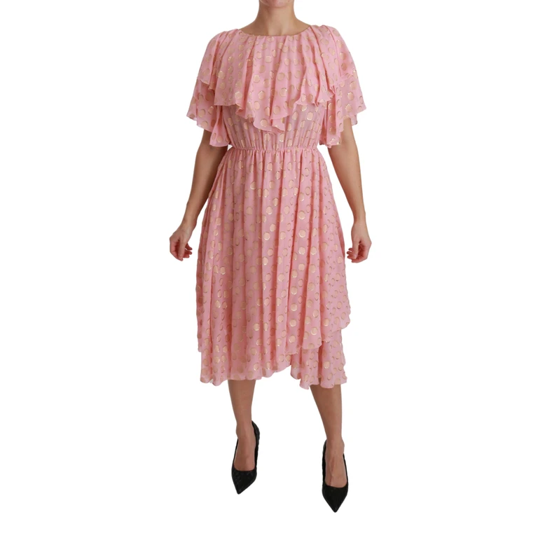 Dolce & Gabbana Silk Pink Polka Dots Pleated A-Line Midi Dress Metalized Fiber - Women