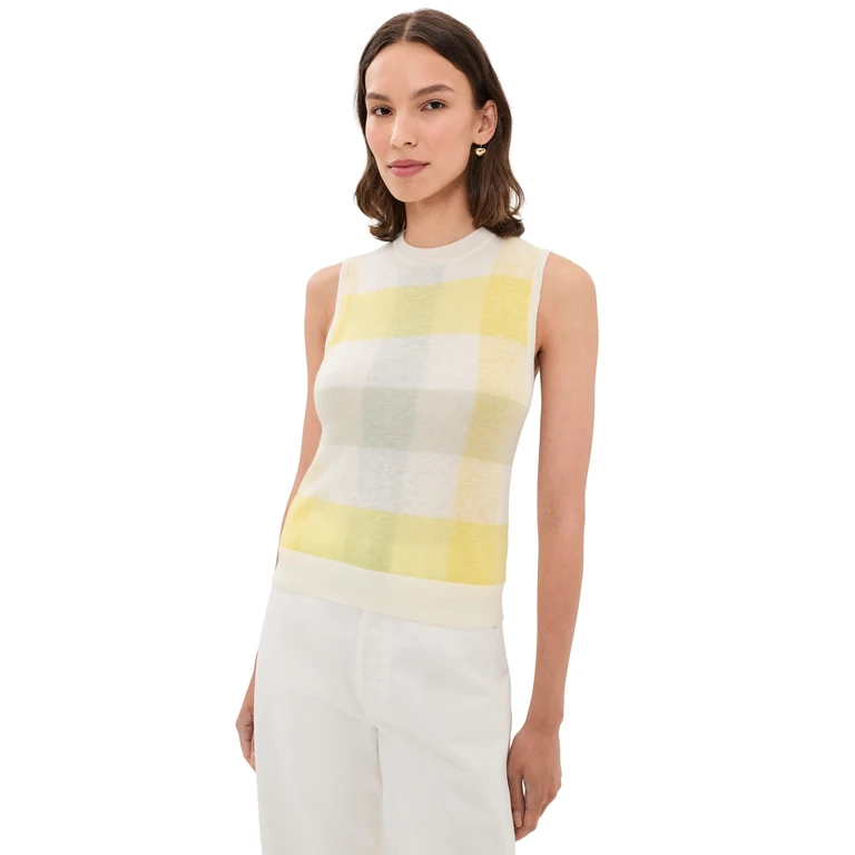 Vince Plaid Crew Neck Shell Tank Dandelion Combo M
