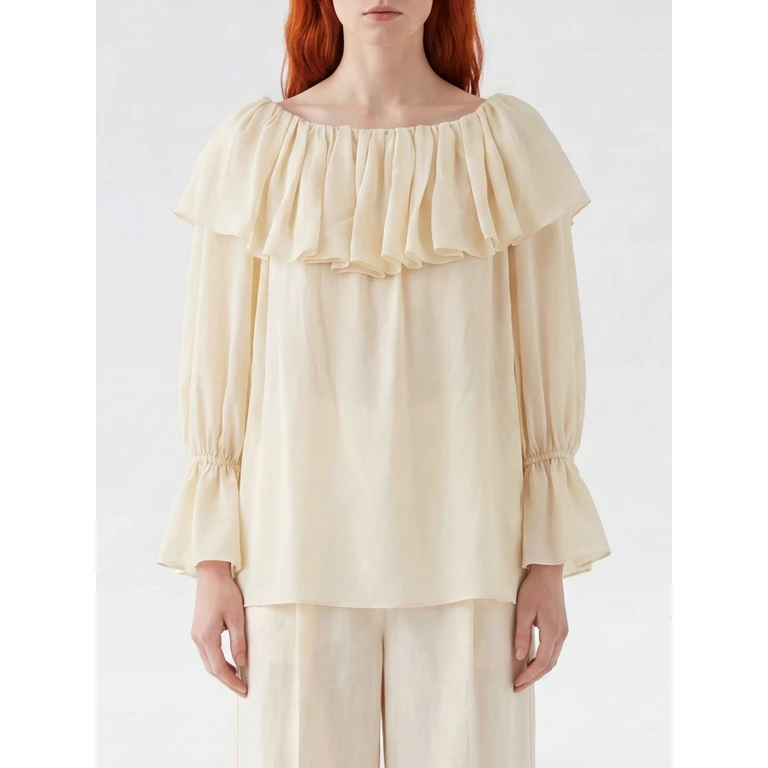 CHLOÉ Balloon Sleeve Silk Blouse with a Boat Neck and Ruffle Details (CH26UH101332103)