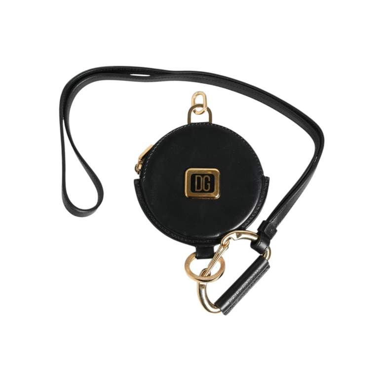 Dolce & Gabbana Black Round Leather Dg Logo Coin Purse Lanyard Wallet Calf - Men