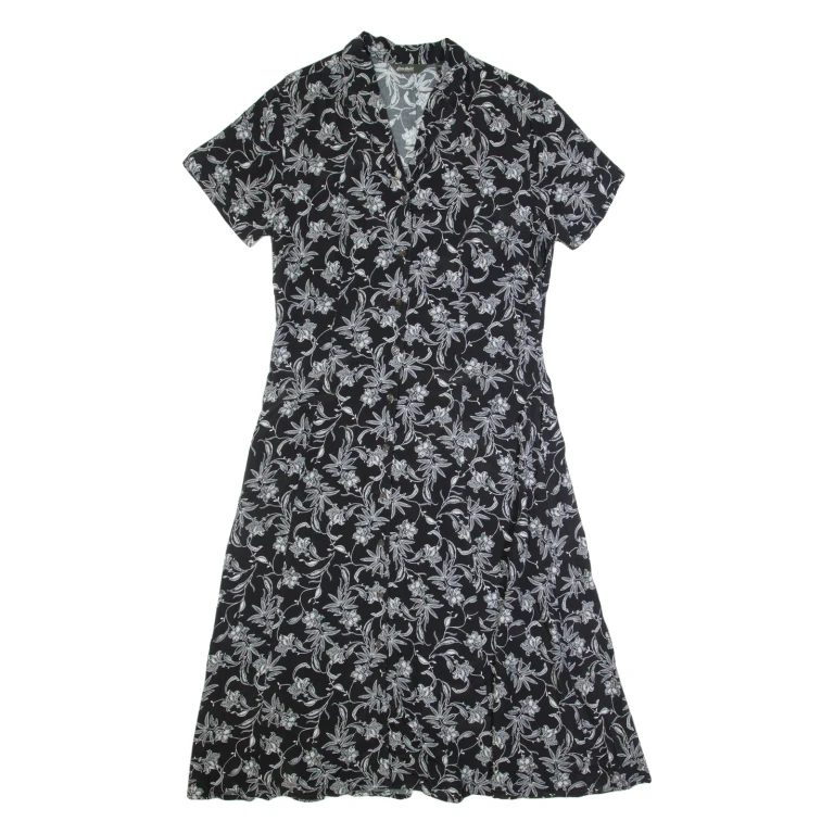 EDDIE BAUER Womens Tea Dress Black 90s Floral Short Sleeve Long M