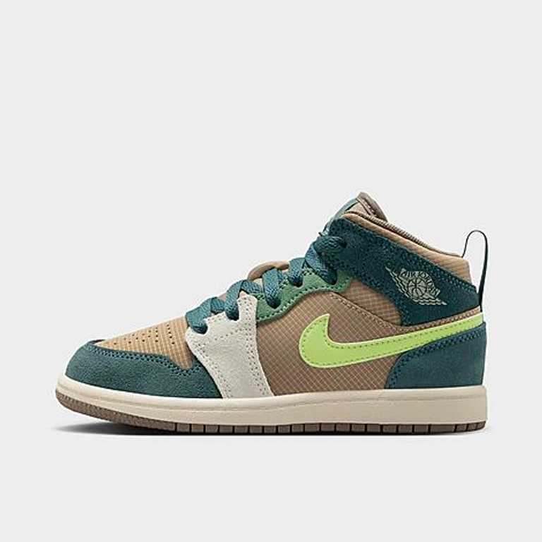 Jordan Little Kids Air Retro 1 Mid SE Casual Shoes in Khaki/Hasta/Olive Grey Size: 1.0