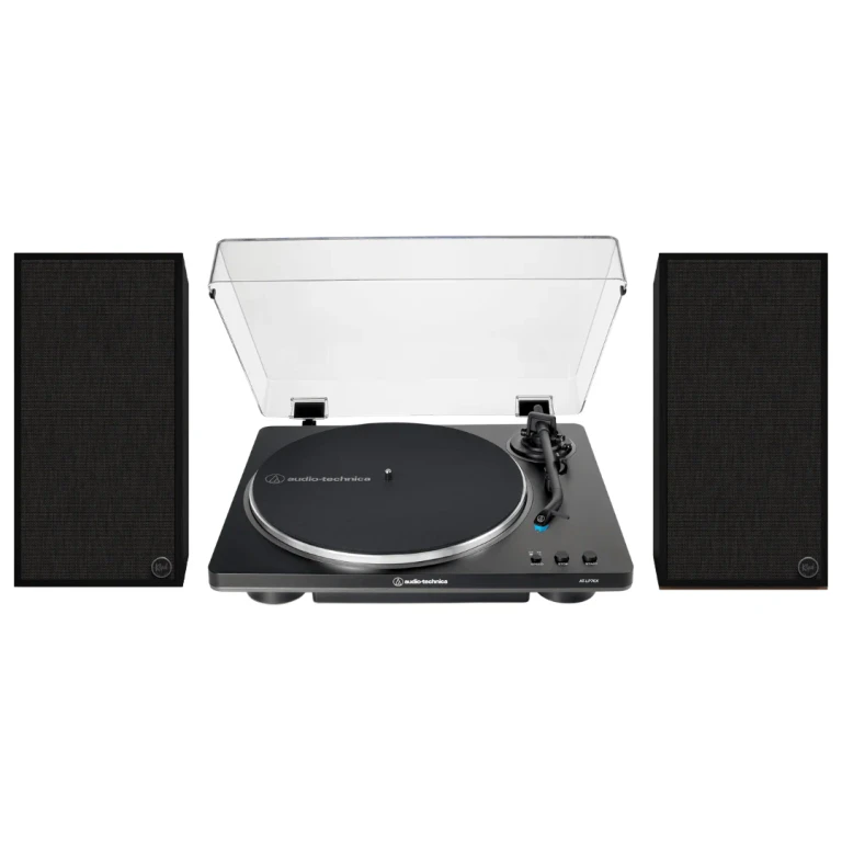The Sevens Heritage Inspired Powered Speakers (Black) with Audio Technica LP70X Fully Automatic Belt-Drive Stereo Turntable - Bundle