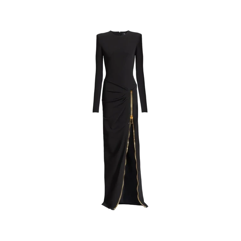 BALMAIN Abito Lungo Maniche Lunghe Zippato "Compact Jersey Long Dress"