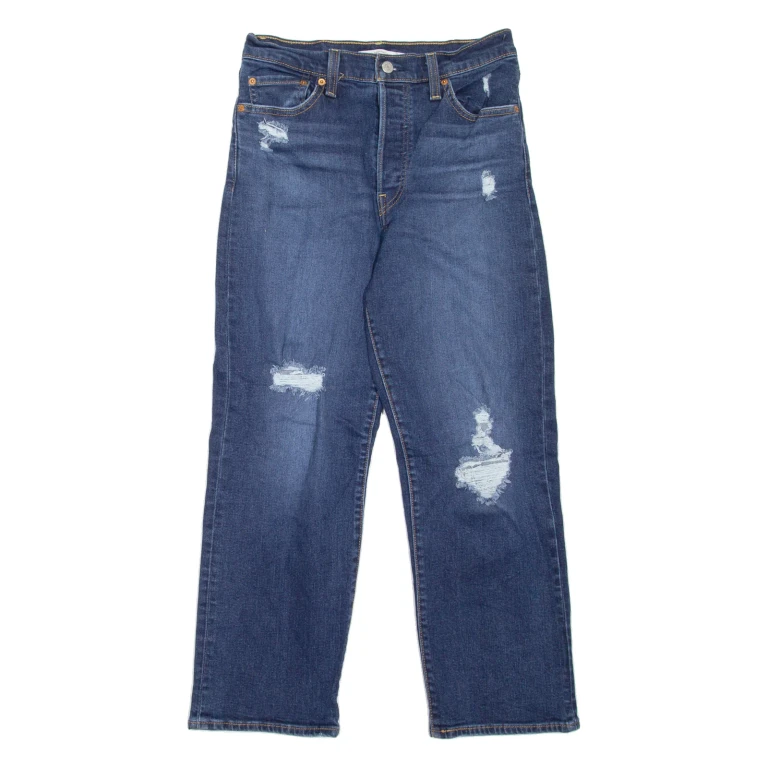 LEVI'S Ribcage Distressed Womens Jeans Blue Relaxed Straight Stone Wash W29 L27