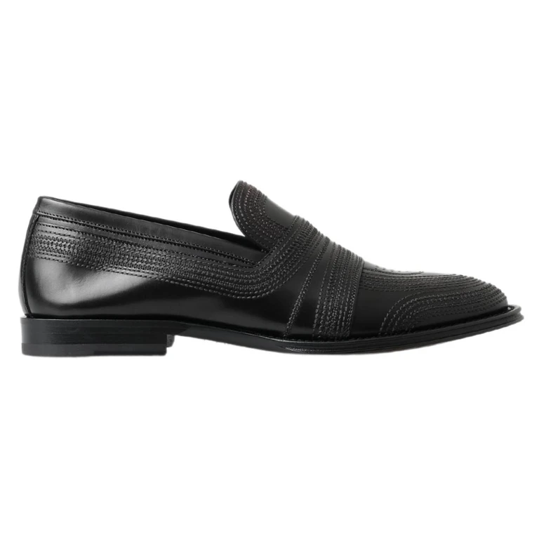 Dolce & Gabbana Black Leather Slipper Loafers Stitched Shoes - Men