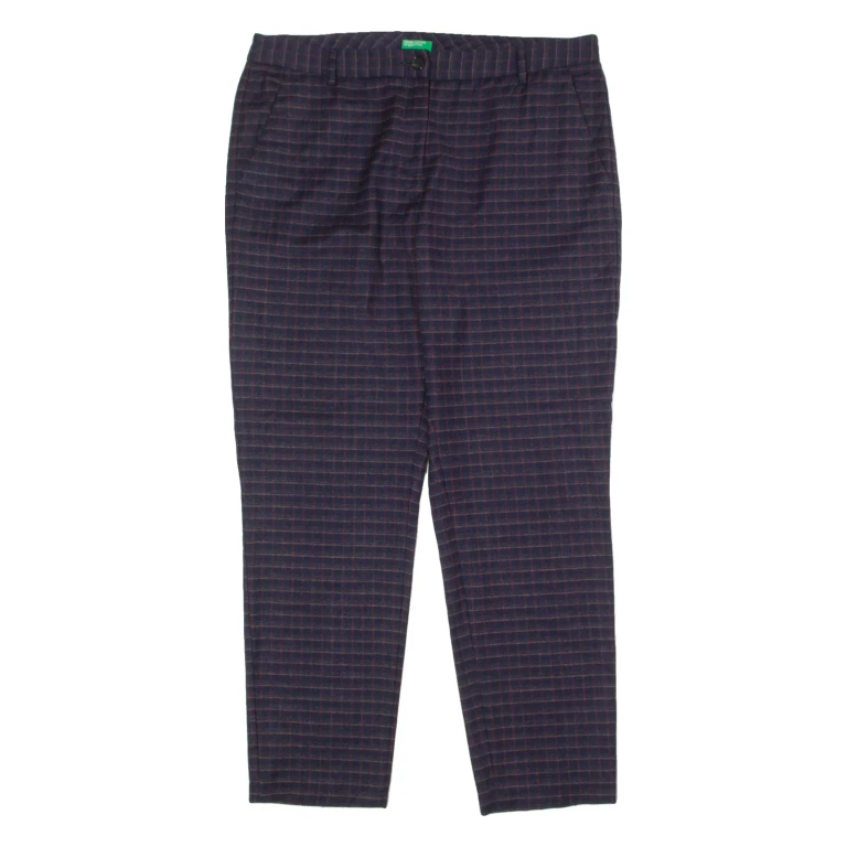 BENETTON Check Suit Womens Trousers Blue Regular Straight Wool W36 L28