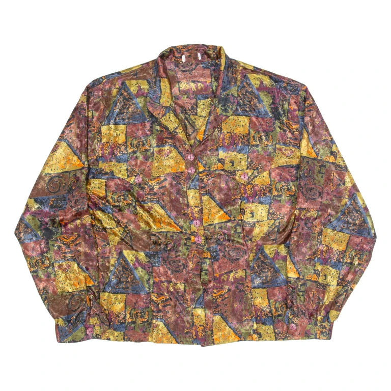 Womens Printed Shirt Brown Collared Long Sleeve 90s Crazy Pattern L