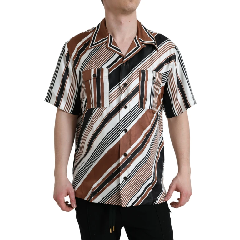 Brown White Silk Striped Short Sleeve Shirt - Men