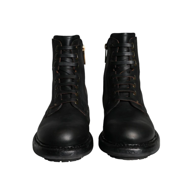 Dolce & Gabbana Black Lace Up Mid Calf Boots Men Shoes Leather - Men