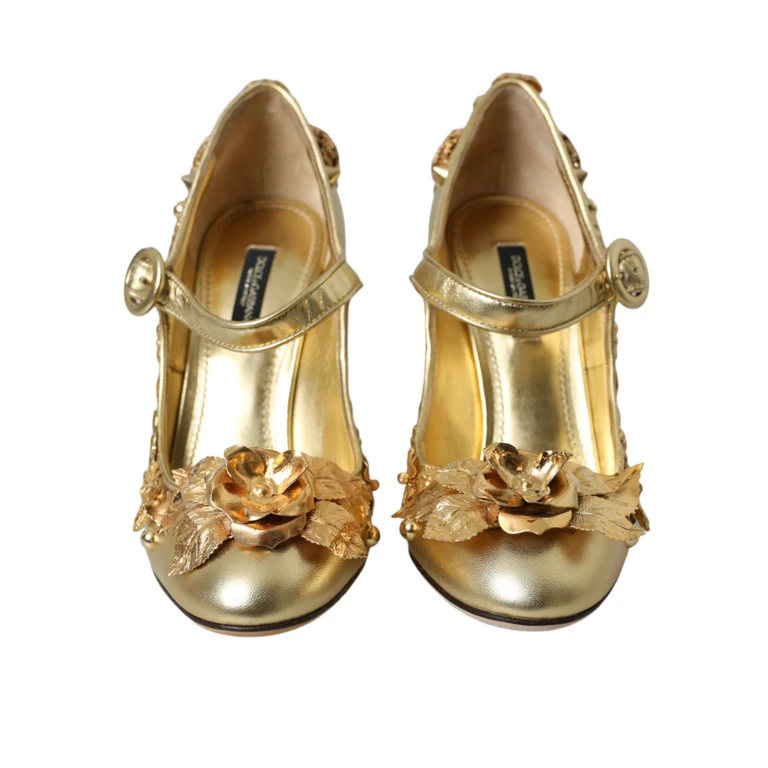 Dolce & Gabbana Gold Leather Crystal Mary Janes Pumps Shoes - Women