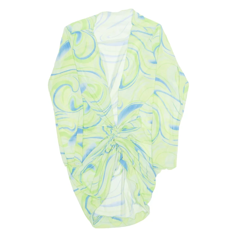 Sheer Womens Printed Top Green V-Neck Long Sleeve Crazy Pattern M