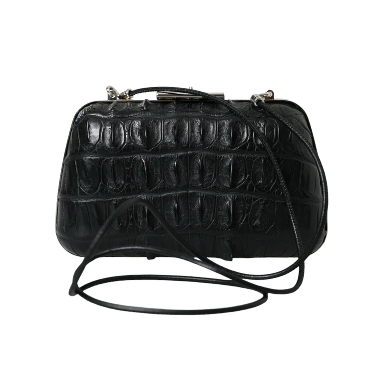 Black Exotic Skin Leather Shoulder Crossbody Box Clutch Bag Crocodile - Women