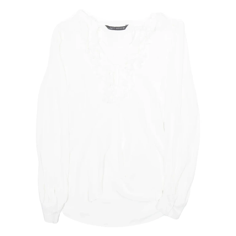 ZARA Womens Halter Neck Blouse White V-Neck Long Sleeve Viscose S