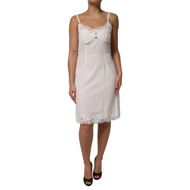 Dolce & Gabbana White Lace Gold Dg Logo Silk Dress Sleepwear Cotton Nylon Elastane - Women