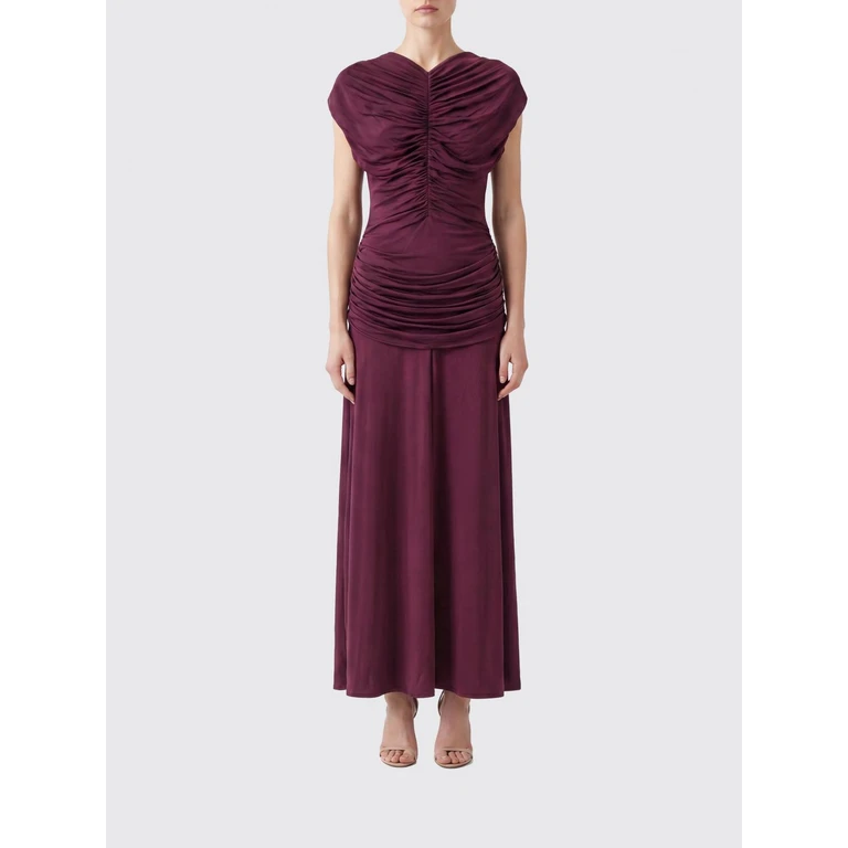 SELF-PORTRAIT Draped V-Neck Jersey Maxi Dress (PF26098MBUBURGUNDY)