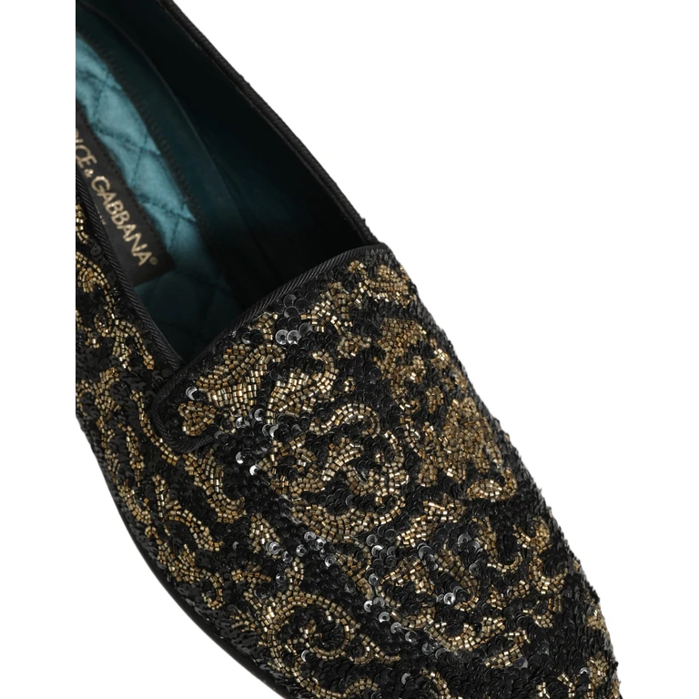 Dolce & Gabbana Black Gold Embellished Dress Loafers Shoes Leather - Men
