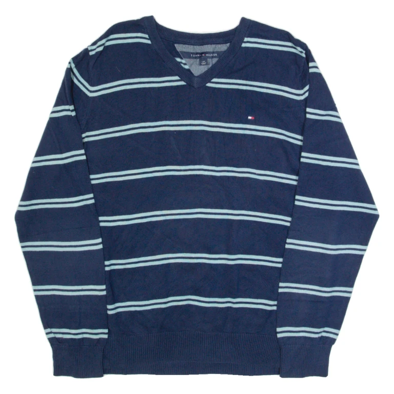 TOMMY HILFIGER Mens Patterned Jumper Blue Striped V-Neck Tight Knit L