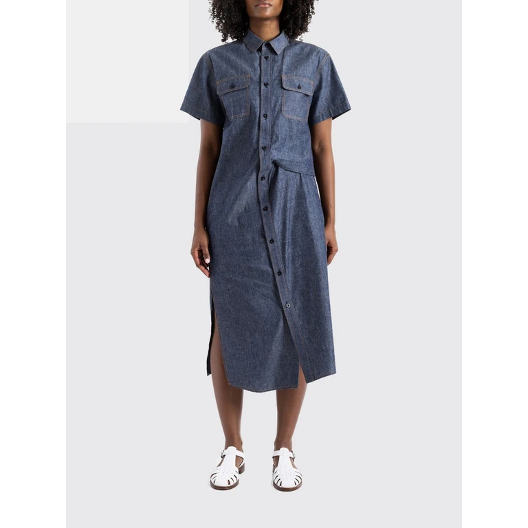 Asymmetrical Denim Midi Shirt Dress in Cotton with Patch Pockets (2608313401)