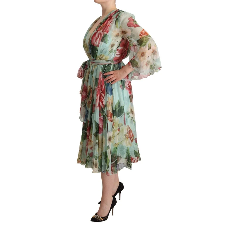 Dolce & Gabbana Green Floral Long Sleeves V-Neck Midi Dress Silk - Women