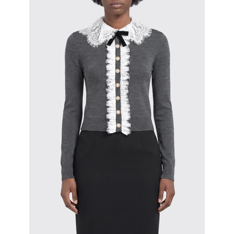 Slim Fit Wool Cardigan with Lace and Ruffle Collar (PF26134CGRGREY)