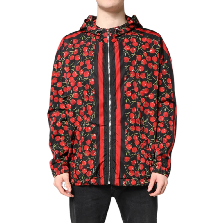 Dolce & Gabbana Black Cherry Print Hooded Windbreaker Jacket And Red Polyester Clothing - Men