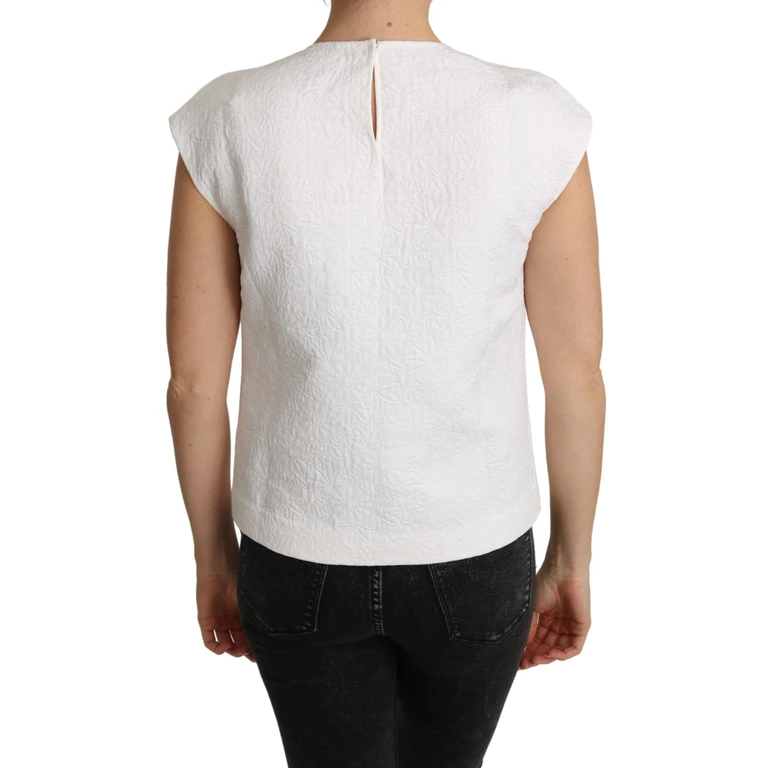 White Floral Brocade Blouse Cotton Top Polyester - Women