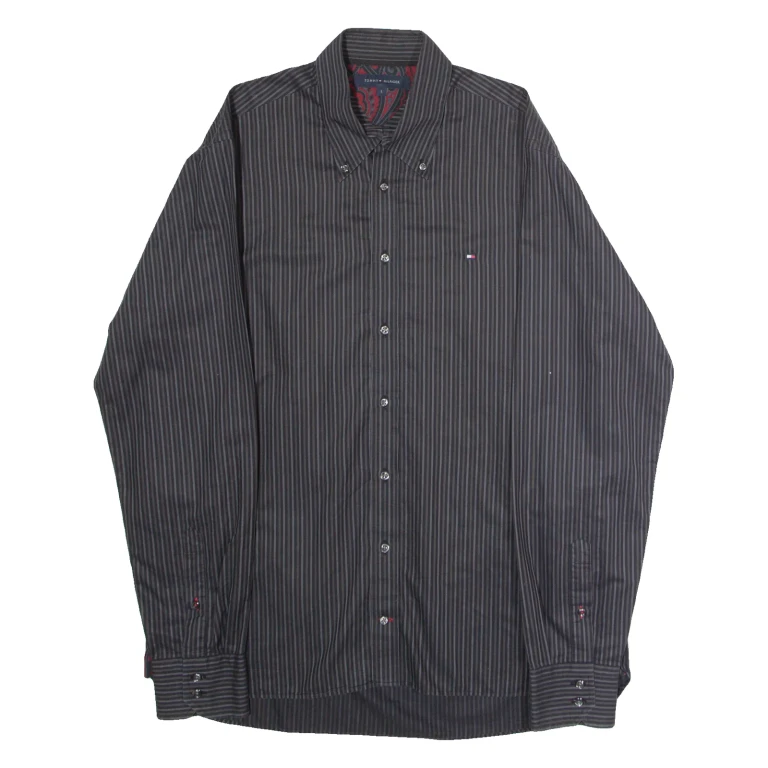 TOMMY HILFIGER Mens Shirt Black Striped Long Sleeve L