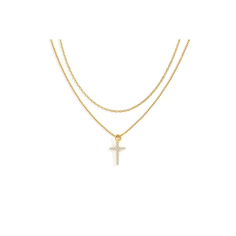 Dainty Cable Necklace with Pave Cross Chain Necklace Stacking Set