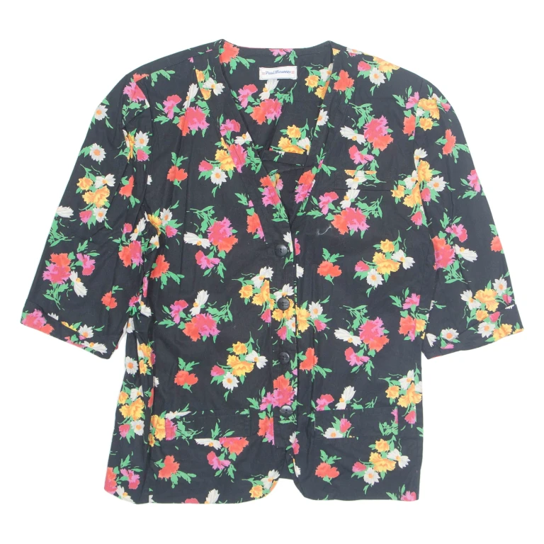 Womens Printed Blouse Black V-Neck 3/4 Sleeve Floral L