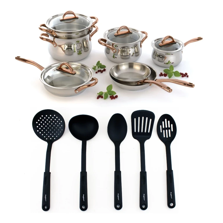 Ouro Gold 16Pc 18/10 Stainless Steel Cookware Set with Glass Lids