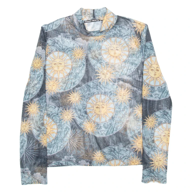 TALLY WEIJL Womens Printed Blouse Blue High Neck Long Sleeve Crazy Pattern S