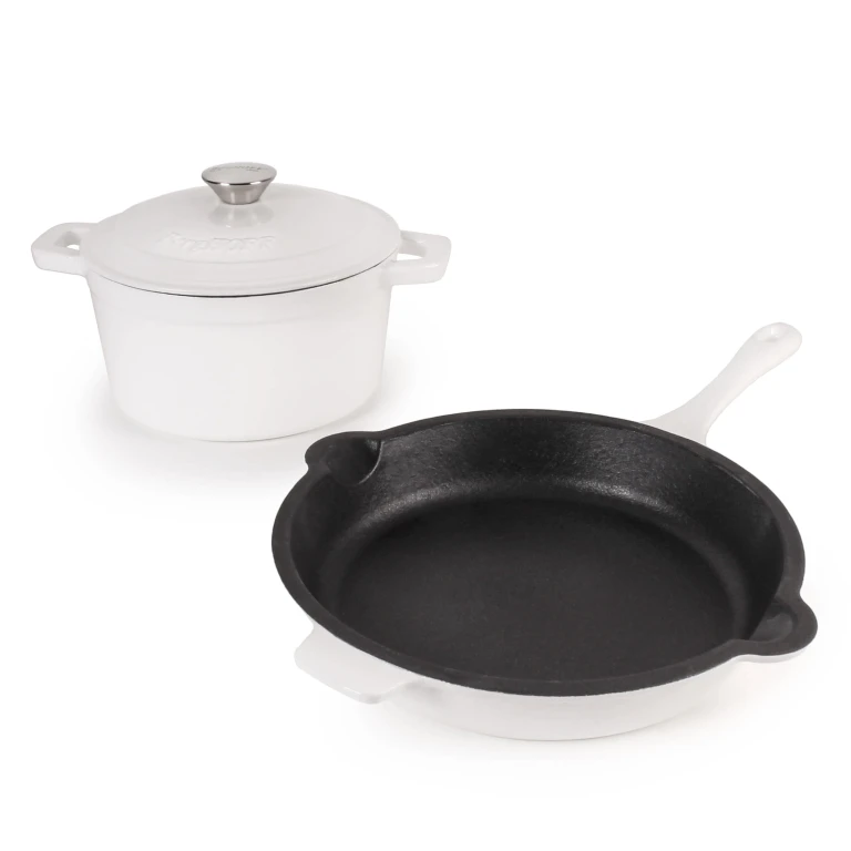 Neo 3pc Cast Iron Cookware Set, Fry Pan & Round Dutch Oven, White