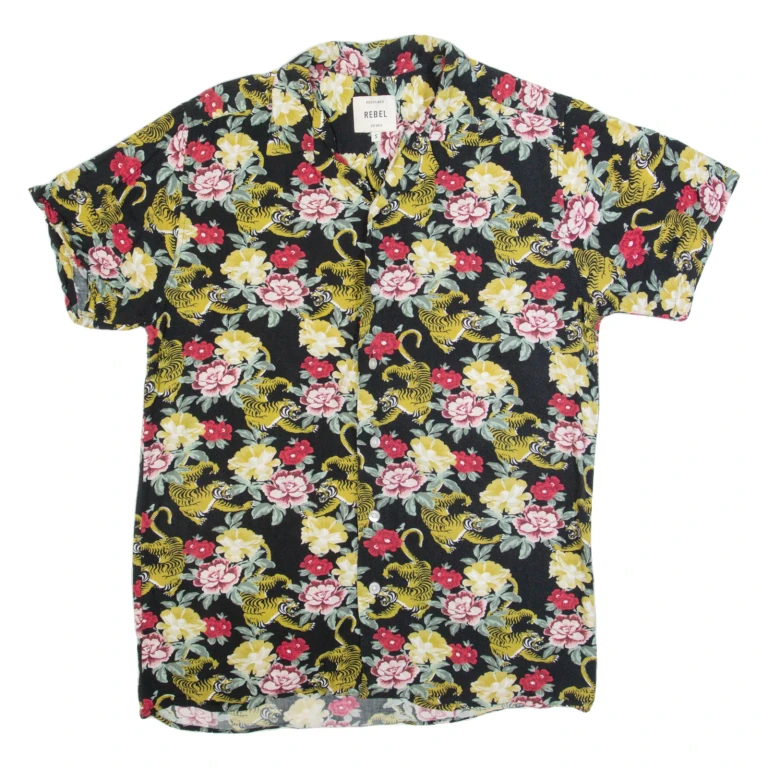 REBEL Mens Hawaiian Shirt Black Floral S