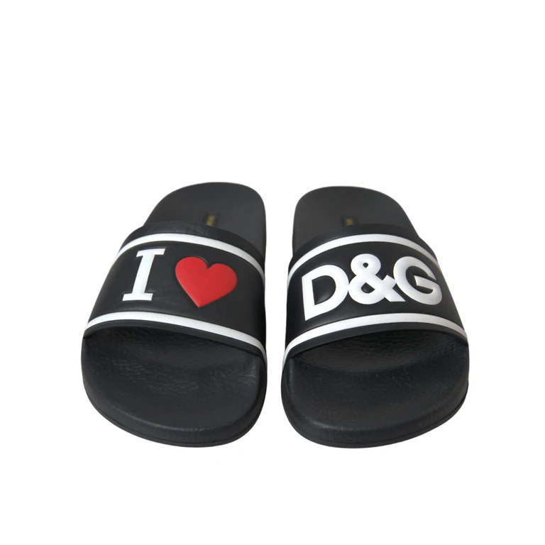 Dolce & Gabbana Black Leather I Love D & g Sandals Slides Shoes Top - Women